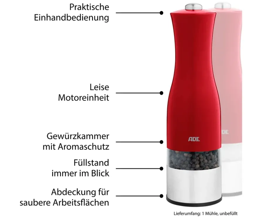 ADE Elektrische Salz-und-Pfeffermühle mit Beleuchtung, rot