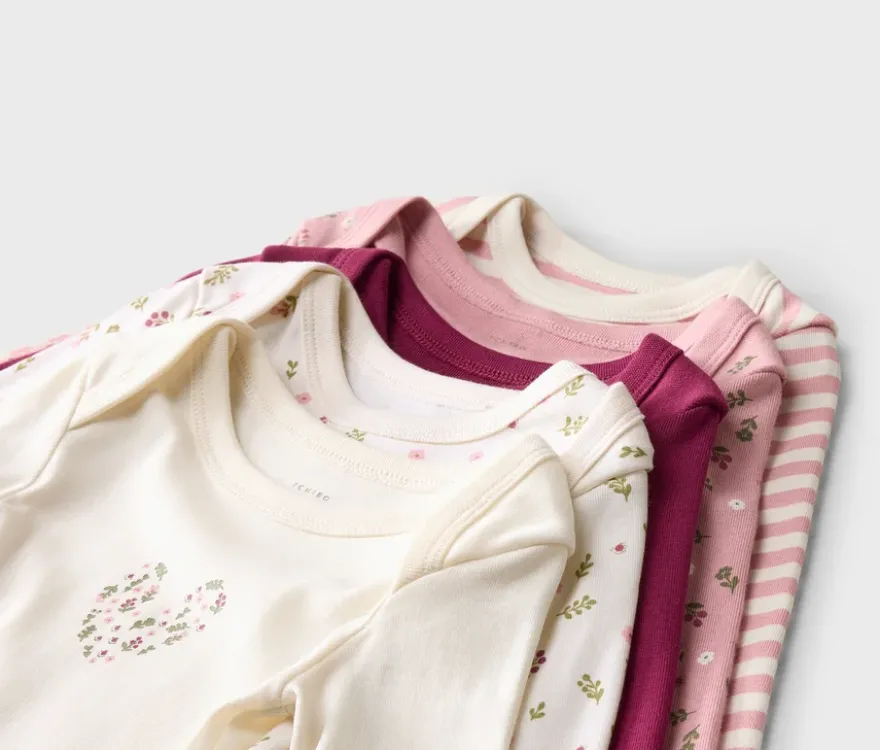 5 Baby-Bodys mit Mitwachsfunktion, Blumen