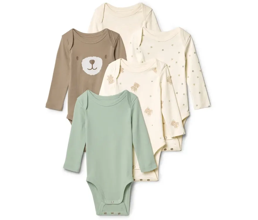 5 Baby-Bodys mit Mitwachsfunktion, Bärchen
