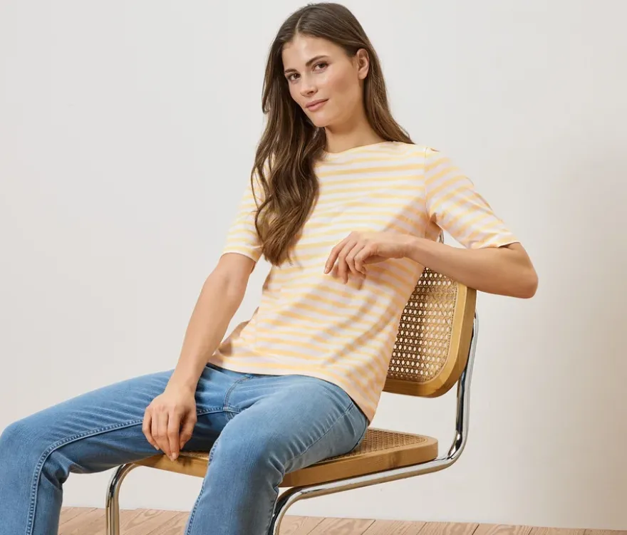 Basic Halbarmshirt, offwhite-buttergelb gestreift