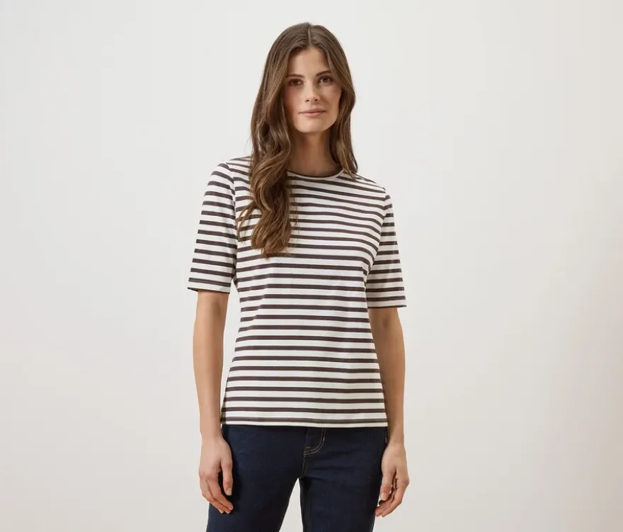 Basic Halbarmshirt, offwhite-braun gestreift