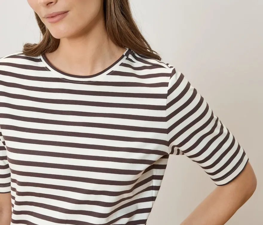 Basic Halbarmshirt, offwhite-braun gestreift