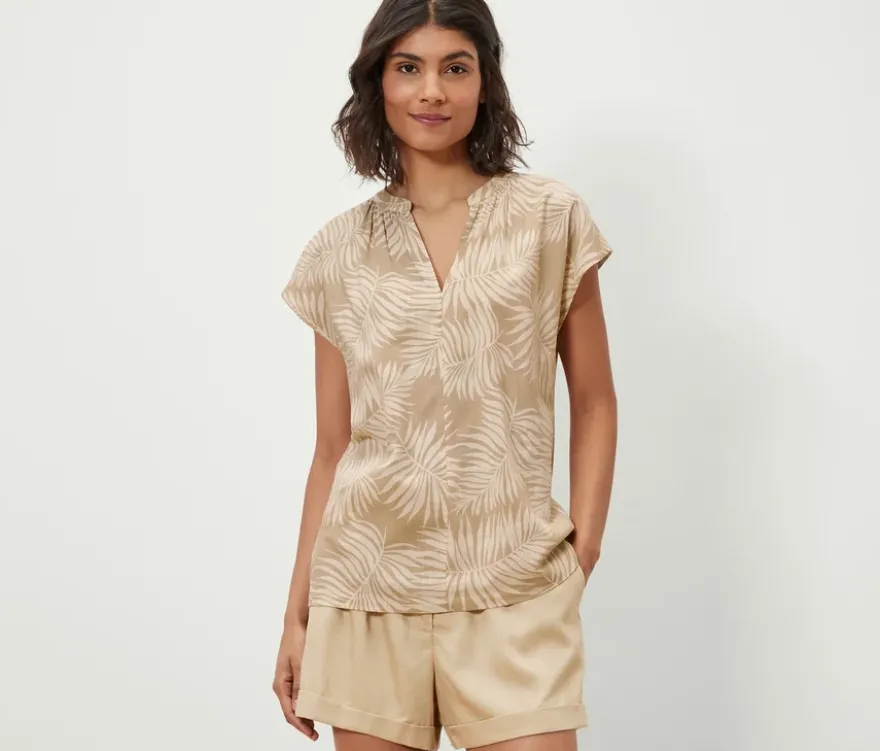 Bedruckte Kurzarmbluse, beige