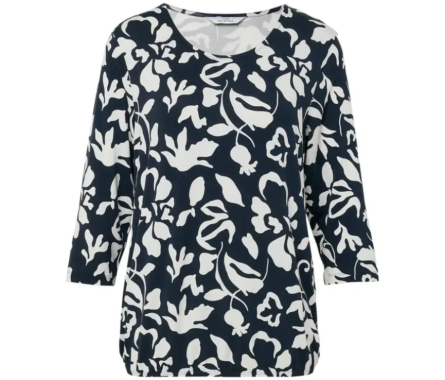 Bedrucktes Blusenshirt, dunkelblau-weißer Alloverprint
