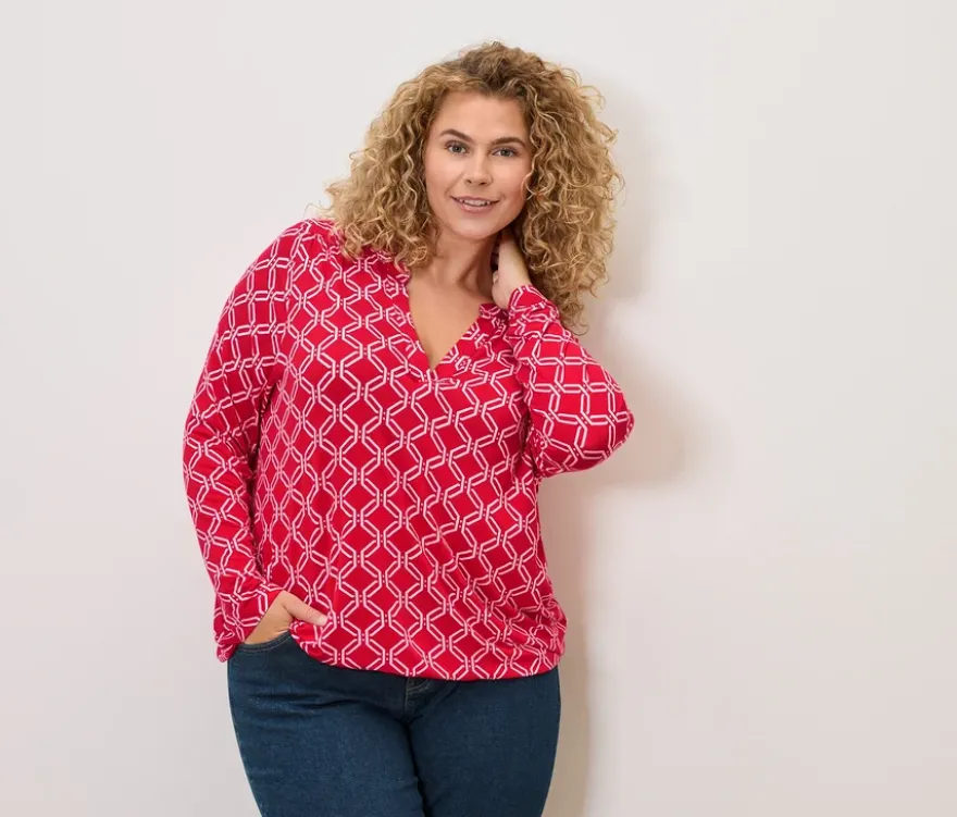 Bedrucktes Blusenshirt, rot-weiß