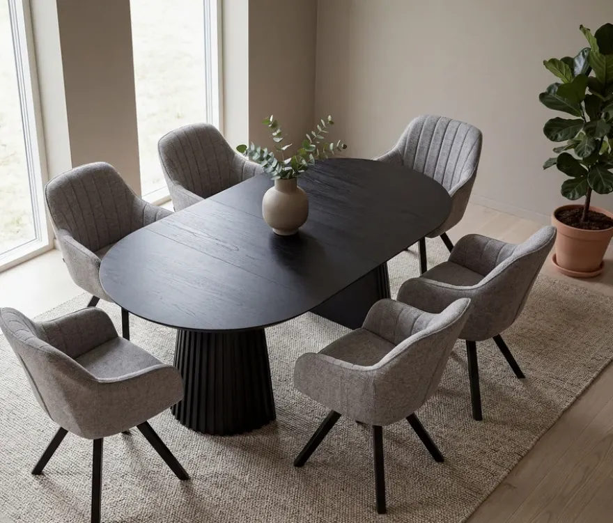 deVries Esstisch »Andria«, 120/210 cm, schwarz und 6 Stühle »Matera«, grau