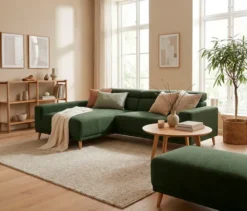 DOMO Eck-Schlafsofa »Malmö« mit Hocker, Longchair links, dunkelgrün/holzfarben