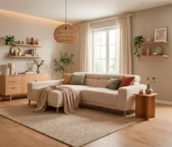 DOMO Eck-Schlafsofa »Malmö« mit Hocker, Longchair links, creme/holzfarben