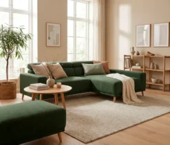DOMO Eck-Schlafsofa »Malmö« mit Hocker, Longchair rechts, dunkelgrün/holzfarben