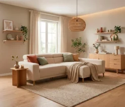 DOMO Eck-Schlafsofa »Malmö« mit Hocker, Longchair rechts, creme/holzfarben