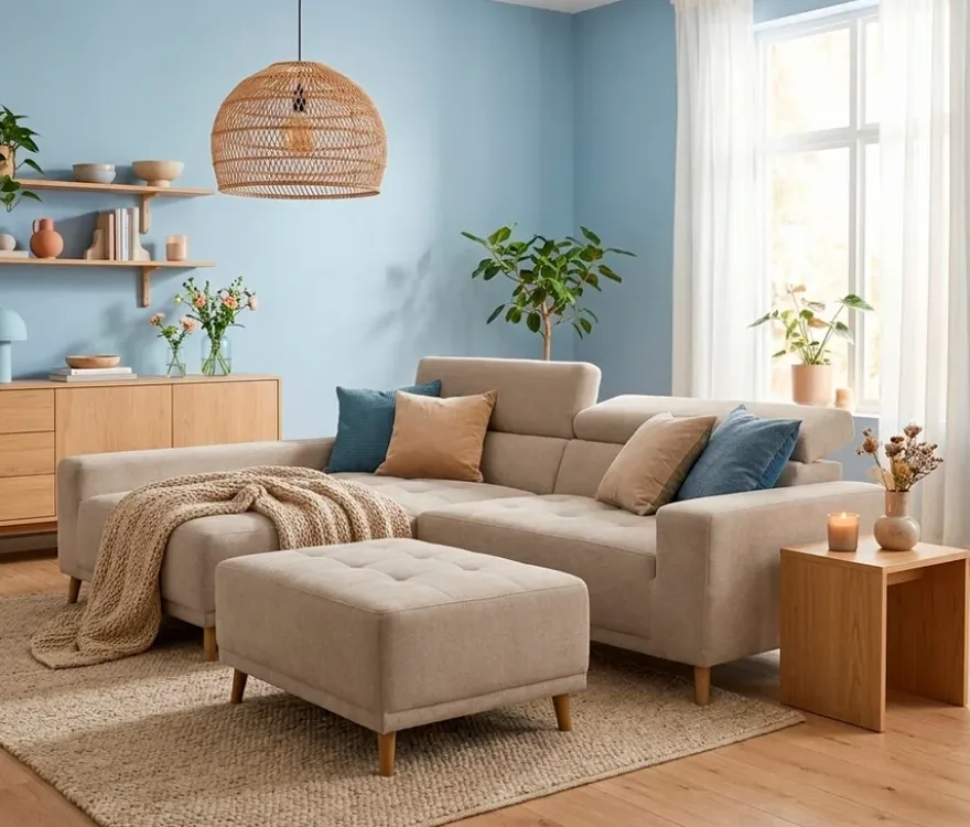 DOMO Ecksofa mit Hocker »Helsingborg«, sandfarben, links