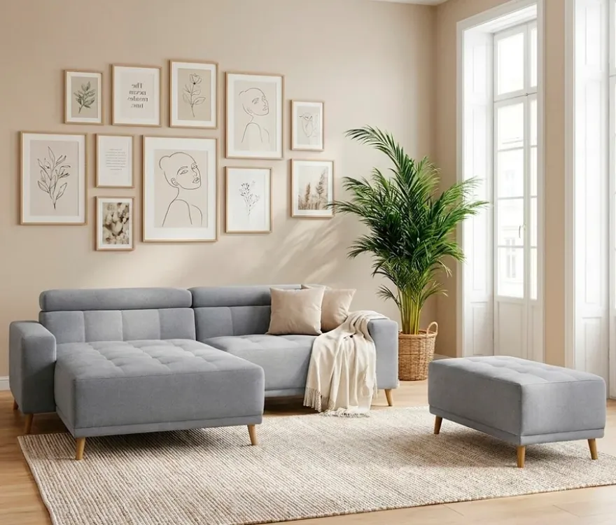 DOMO Ecksofa mit Hocker »Helsingborg«, blau, links