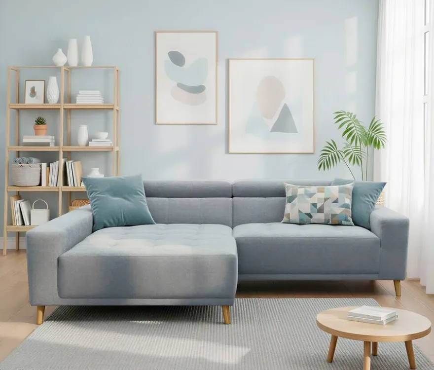 DOMO Ecksofa mit Longchair »Helsingborg«, blau, links
