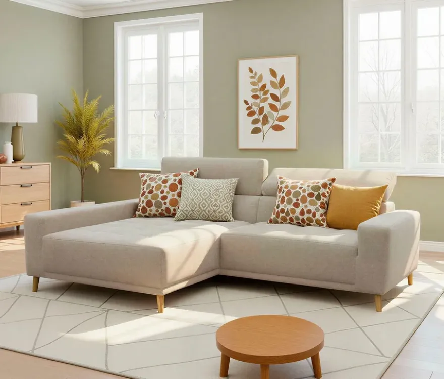 DOMO Ecksofa mit Longchair »Helsingborg«, sandfarben, links