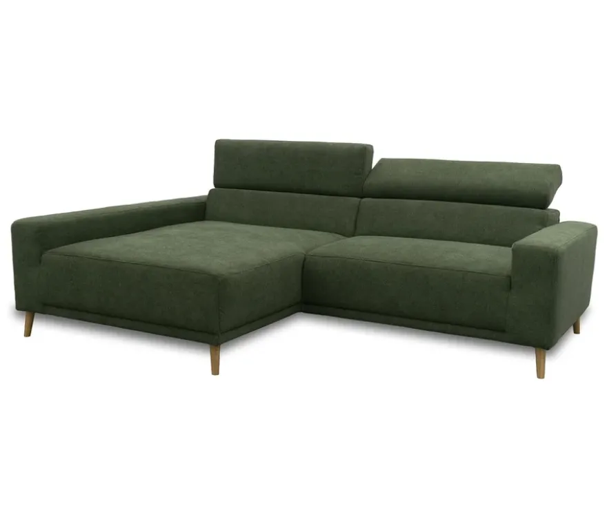 DOMO Sofa »Malmö«, Longchair links, mit Kopfteilverstellung, grün/holz