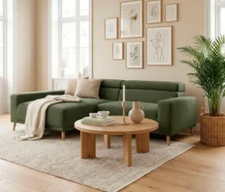 DOMO Sofa »Malmö«, Longchair links, mit Kopfteilverstellung, grün/holz