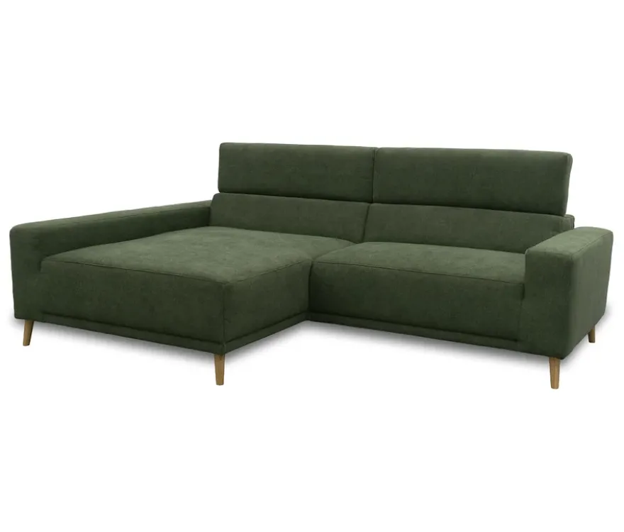 DOMO Sofa »Malmö«, Longchair links, mit Kopfteilverstellung, grün/holz
