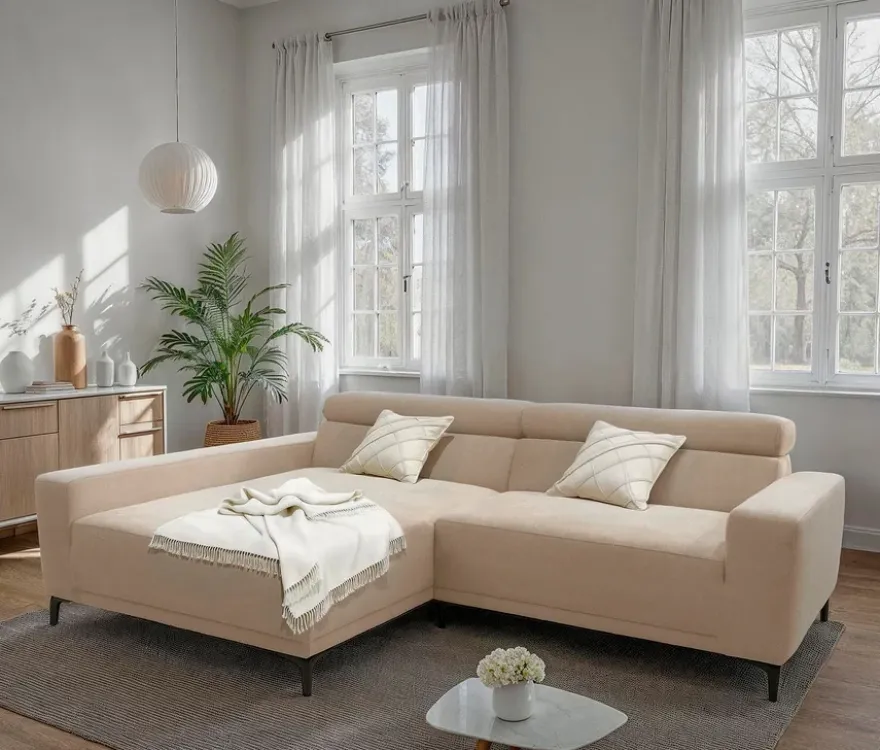 DOMO Sofa »Malmö«, Longchair links, mit Kopfteilverstellung, creme