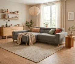 DOMO Sofa »Malmö«, Longchair links, mit Kopfteilverstellung, grau/holz