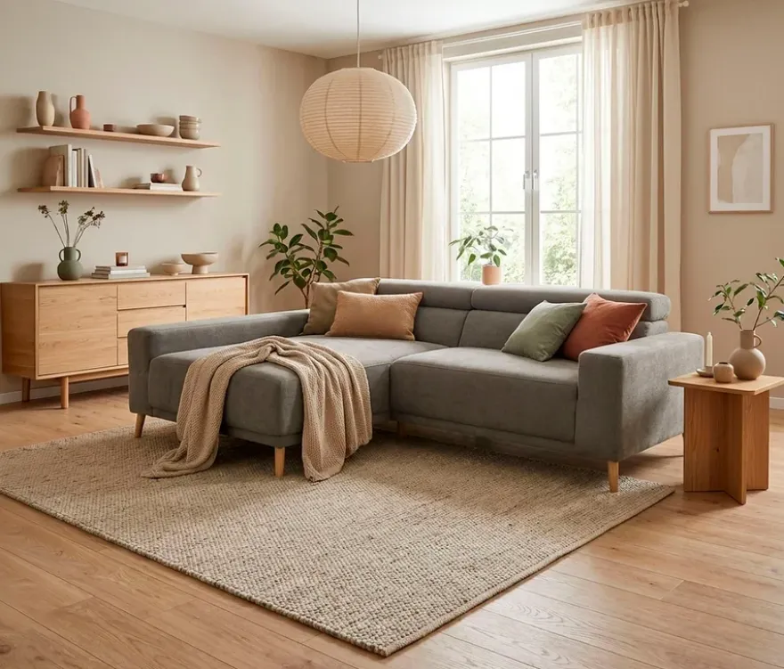 DOMO Sofa »Malmö«, Longchair links, mit Kopfteilverstellung, grau/holz