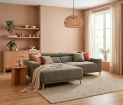 DOMO Sofa »Malmö«, Longchair links, mit Kopfteilverstellung, grau/holz