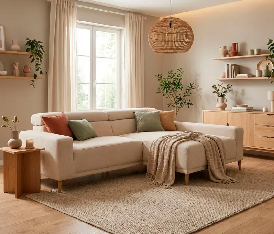 DOMO Sofa »Malmö«, Longchair rechts, mit Kopfteilverstellung, creme/holz