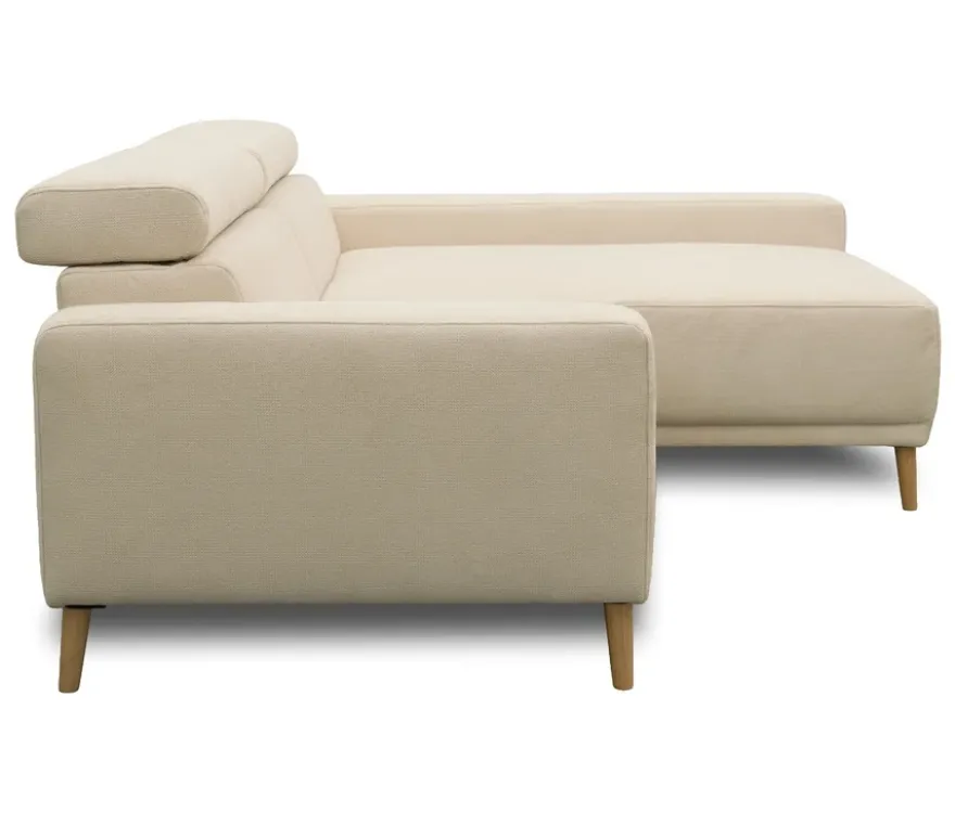 DOMO Sofa »Malmö«, Longchair rechts, mit Kopfteilverstellung, creme/holz