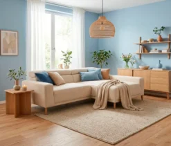DOMO Sofa »Malmö«, Longchair rechts, mit Kopfteilverstellung, creme/holz