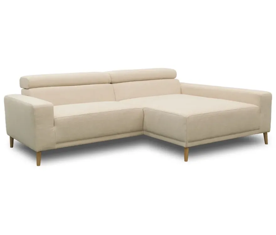 DOMO Sofa »Malmö«, Longchair rechts, mit Kopfteilverstellung, creme/holz