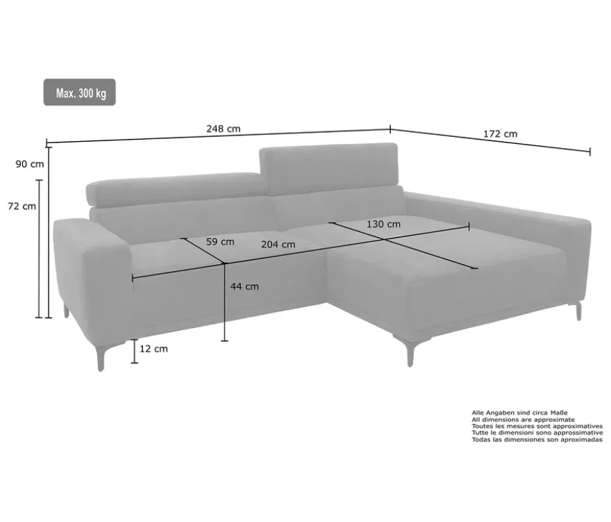 DOMO Sofa »Malmö«, Longchair rechts, mit Kopfteilverstellung, grün