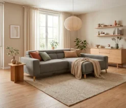 DOMO Sofa »Malmö«, Longchair rechts, mit Kopfteilverstellung, grau/holz
