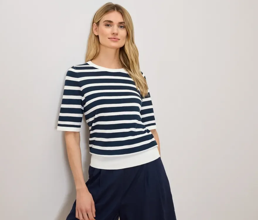 Feinstrickpullover, dunkelblau-weiß gestreift