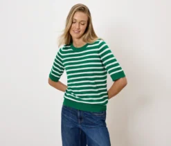 Feinstrickpullover, grün-weiß gestreift