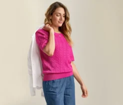 Feinstrickpullover mit Zopfmuster, pink