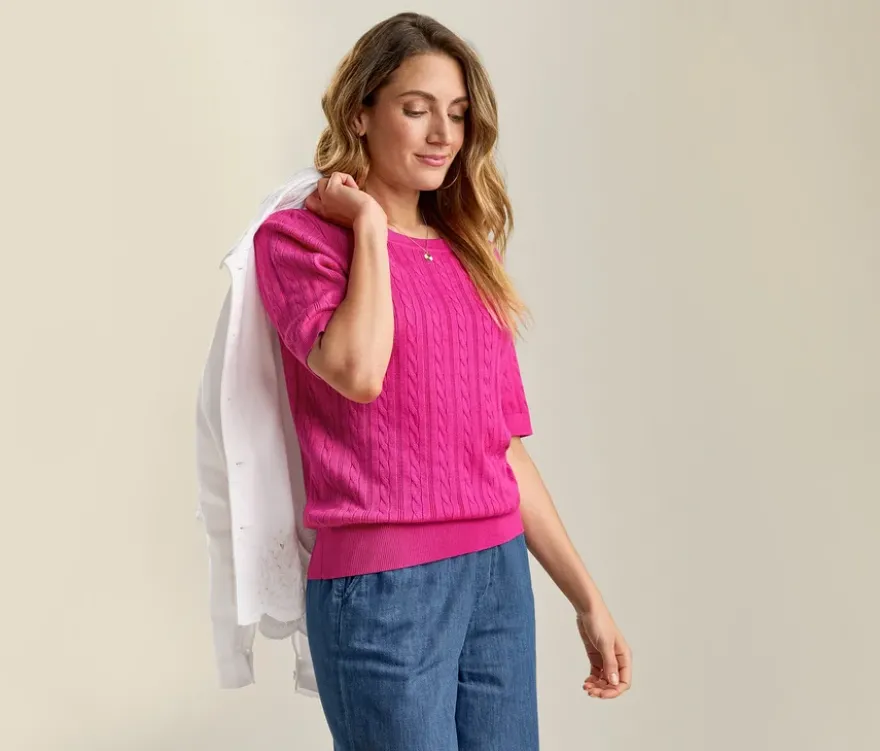 Feinstrickpullover mit Zopfmuster, pink