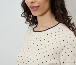 Feinstrickpullover, weiß mit dunkelblauen Punkten