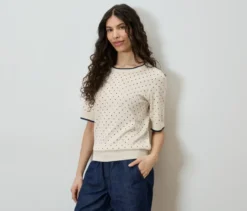 Feinstrickpullover, weiß mit dunkelblauen Punkten