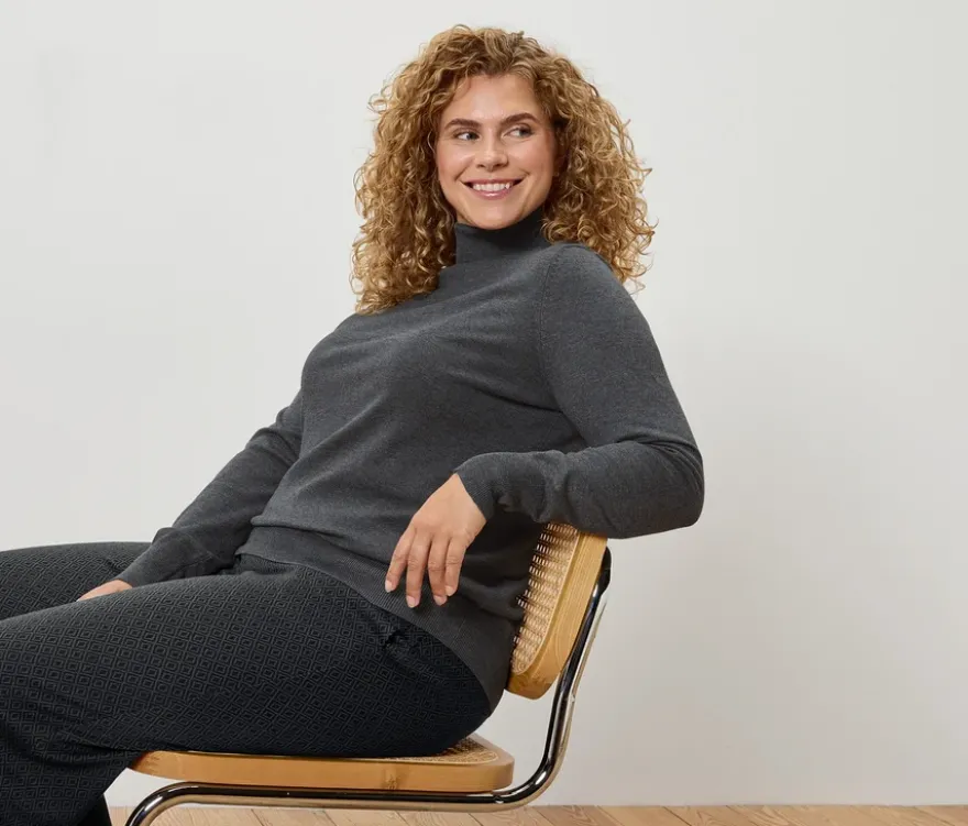 Feinstrick-Rollkragenpullover, grau meliert