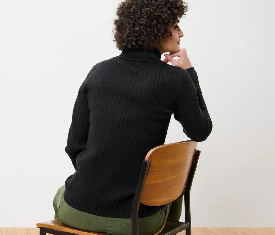 Gerippter Rollkragenpullover, schwarz