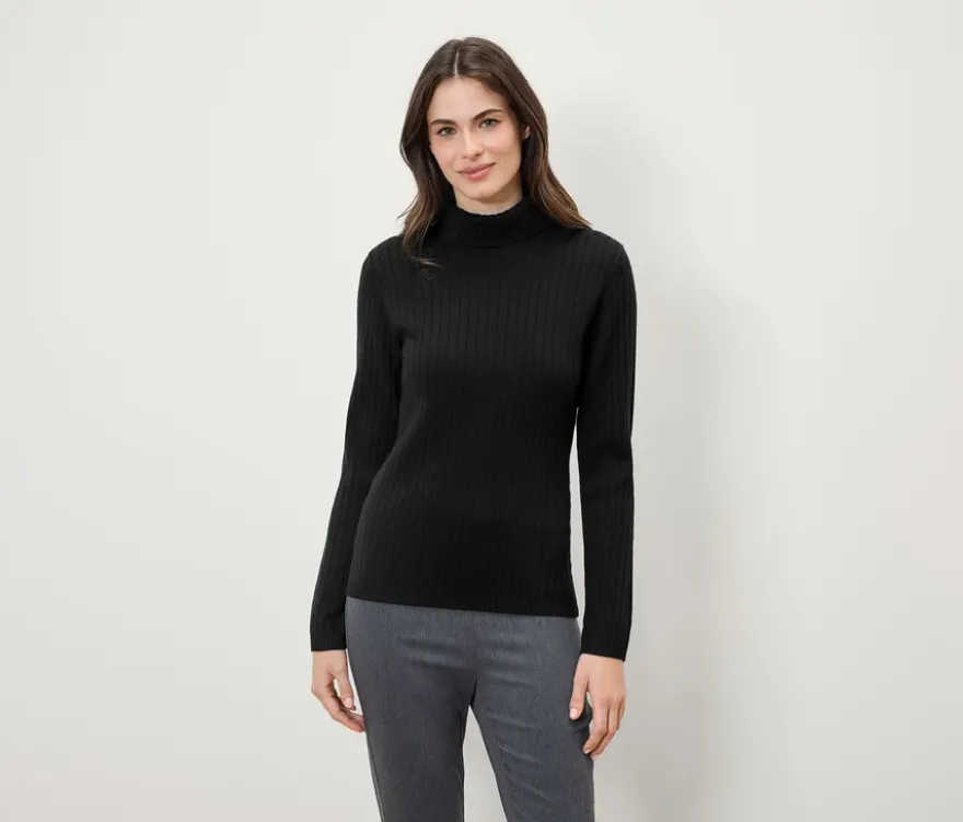 Gerippter Rollkragenpullover, schwarz