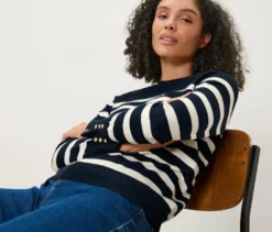 Gestreifter Feinstrickpullover, dunkelblau