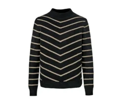 Gestreifter Strickpullover mit Stehkragen, schwarz