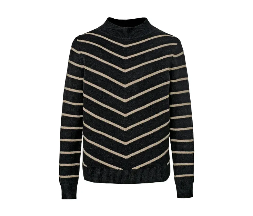 Gestreifter Strickpullover mit Stehkragen, schwarz