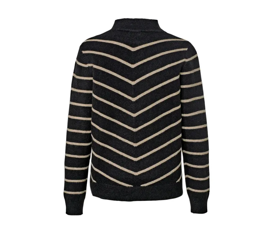 Gestreifter Strickpullover mit Stehkragen, schwarz