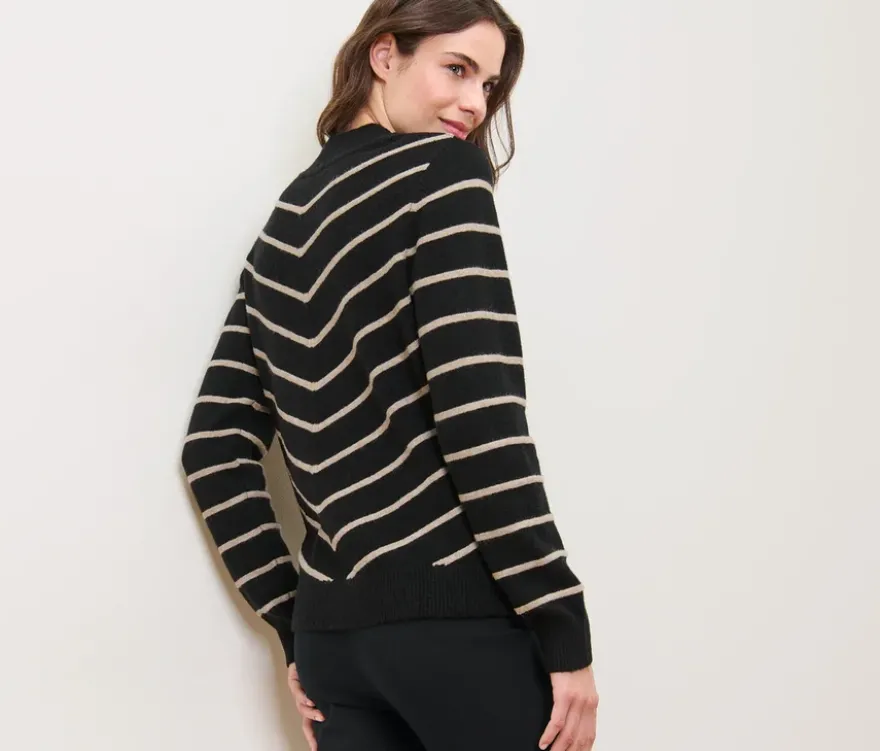 Gestreifter Strickpullover mit Stehkragen, schwarz