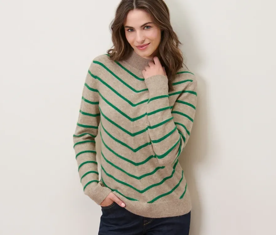 Gestreifter Strickpullover mit Stehkragen, creme
