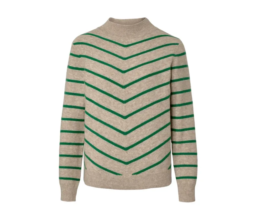 Gestreifter Strickpullover mit Stehkragen, creme