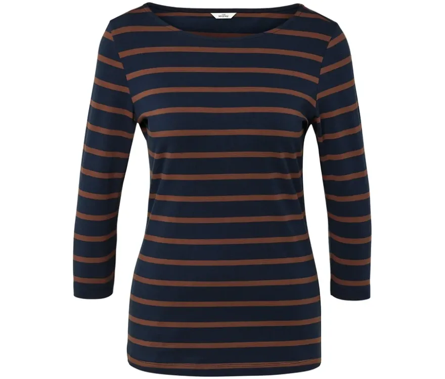 Gestreiftes Shirt mit 3/4-Arm, navy-cognac