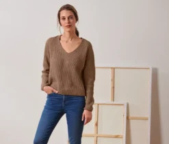 Grobstrick-Pullover mit Wolle, beige