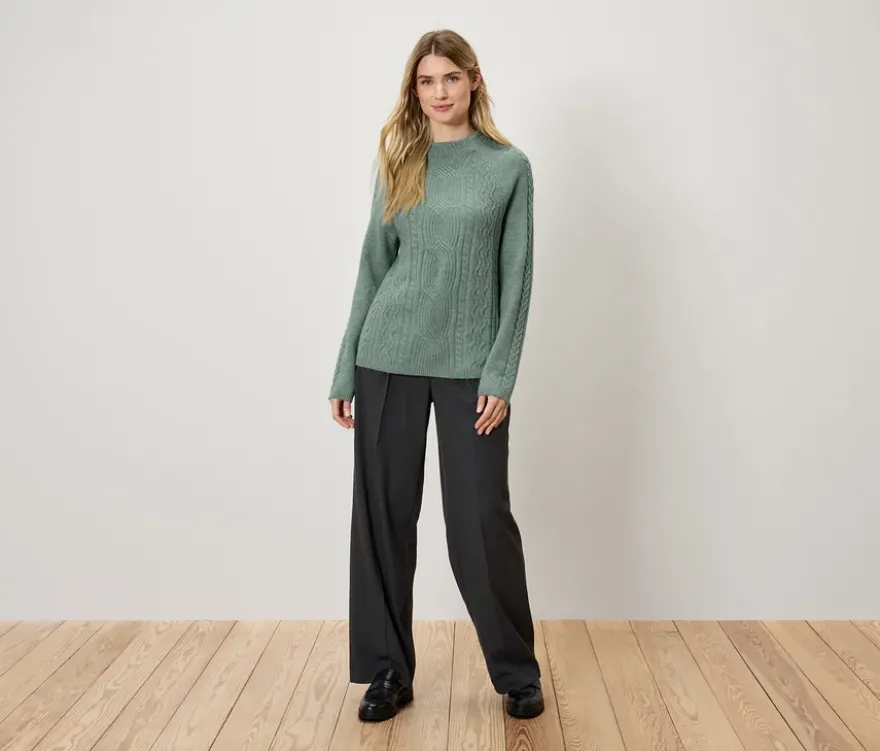 Grobstrickpullover mit Zopfmuster, salbei